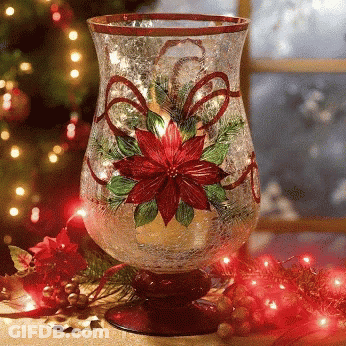 A Vase With A Poinsettia On It Sits Next To A Christmas Tree GIF