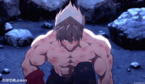 A Very Muscular Anime Character Is Sitting In The Dirt With Rocks In The Background GIF
