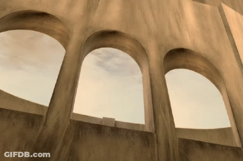 A Very Old Building With Arches And A Sky In The Background GIF