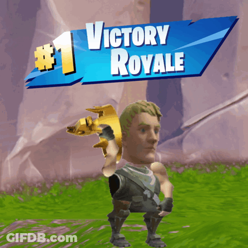 A Victory Royale Sign With A Man Holding A Gold Trophy GIF