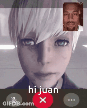 A Video Call Between A Woman And A Man With The Words Hi Juan X GIF
