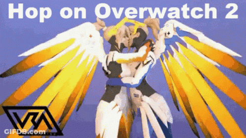 A Video Game Advertisement For Overwatch 2 Shows A Couple Of Angels Hugging Each Other GIF