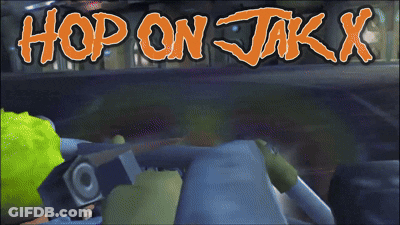 A Video Game Called Hop On Jak X Shows A Cartoon Character Driving A Car GIF