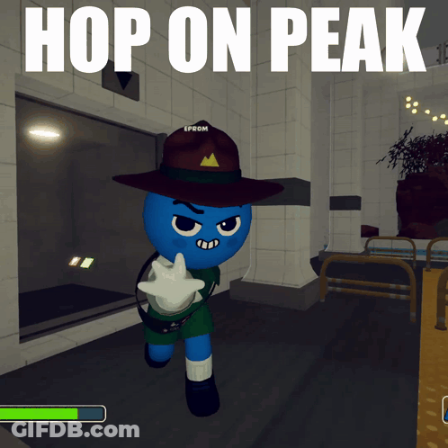 A Video Game Called Hop On Peak Has A Blue Character In A Ranger Outfit GIF