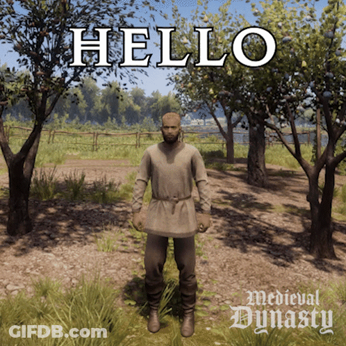 A Video Game Called Medieval Dynasty Has A Man Standing In The Grass GIF