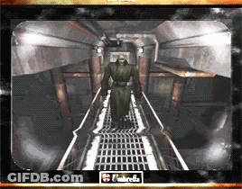 A Video Game Called Umbrella Shows A Man Walking Down A Staircase GIF