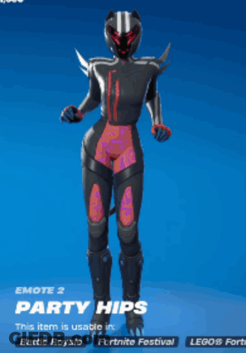 A Video Game Character Called Party Hips Is Displayed On A Blue Background GIF