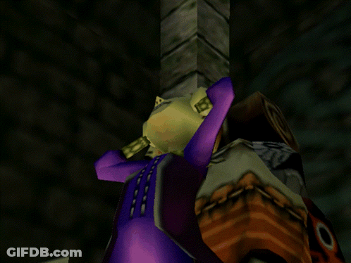 A Video Game Character Has A Purple Scarf Around His Neck And A Skull On His Back GIF