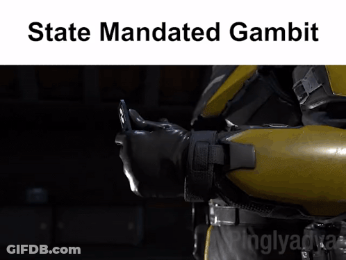 A Video Game Character Holding A Card That Says ' State Mandated Gambit ' GIF