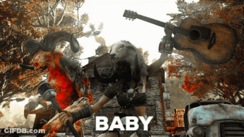 A Video Game Character Holding A Guitar And A Microphone With The Word Baby On The Bottom Right GIF