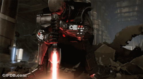 A Video Game Character Holding A Lightsaber With The Number 56 On It GIF