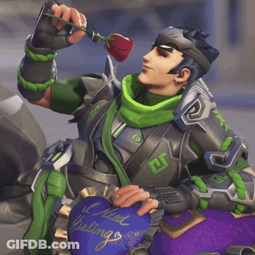 A Video Game Character Holding A Rose And A Heart That Says I Need Healing GIF