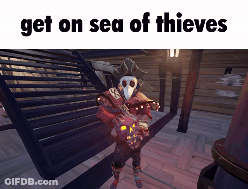 A Video Game Character Holding A Skull With The Words Get On Sea Of Thieves Above Him GIF