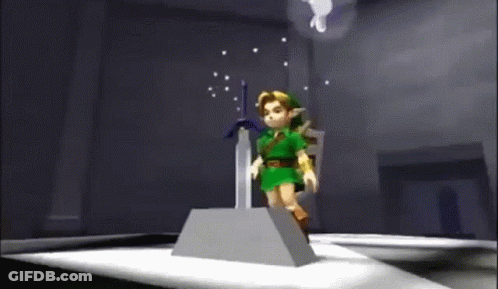 A Video Game Character Holding A Sword In A Dark Room GIF