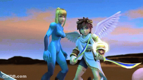 A Video Game Character Holding A Sword Next To Another Character With Wings GIF