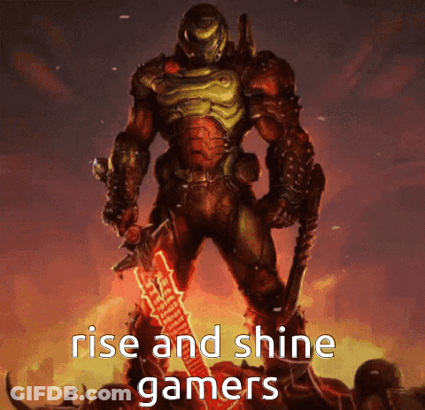 A Video Game Character Holding A Sword With The Words Rise And Shine Gamers Above Him GIF