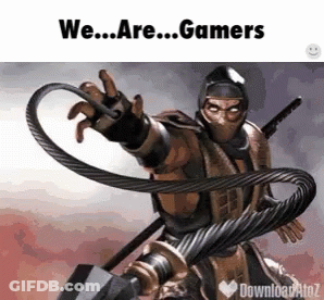 A Video Game Character Holding A Whip With The Words We Are Gamers Below Him GIF