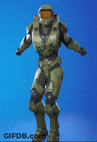 A Video Game Character In A Green Armor Is Standing On A Blue Surface . GIF