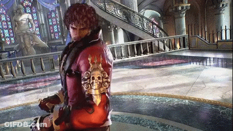 A Video Game Character In A Red Jacket With A Skull On His Arm GIF