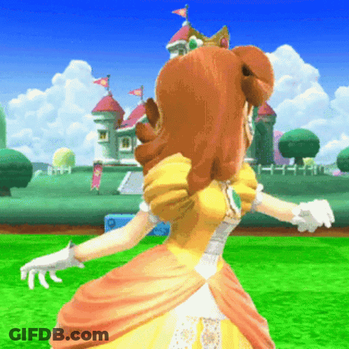 A Video Game Character In A Yellow Dress Is Standing In Front Of A Castle GIF
