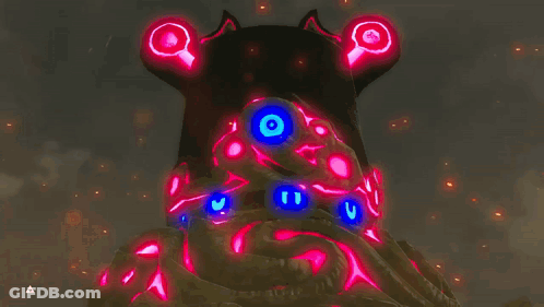 A Video Game Character Is Being Attacked By A Monster With Red Lights Coming Out Of It 'S Eyes . GIF