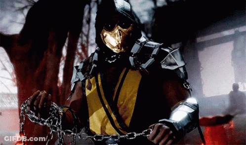 A Video Game Character Is Chained To A Tree In A Dark Room GIF