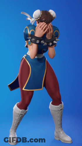 A Video Game Character Is Covering Her Face With Her Hands In Front Of A Blue Backdrop GIF