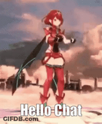 A Video Game Character Is Dancing And Says `` Hello Chat '' While Holding A Sword . GIF