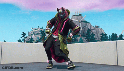 A Video Game Character Is Dancing In Front Of A Mountain And Trees . GIF