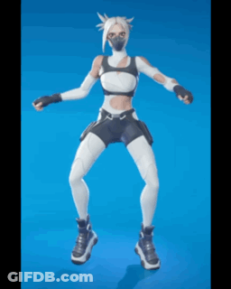 A Video Game Character Is Dancing With Her Arms Outstretched On A Blue Background GIF