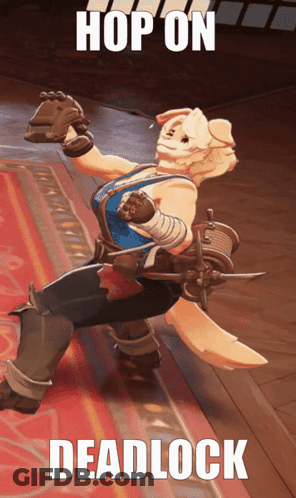 A Video Game Character Is Dancing With The Words Hop On Deadlock Above Him GIF