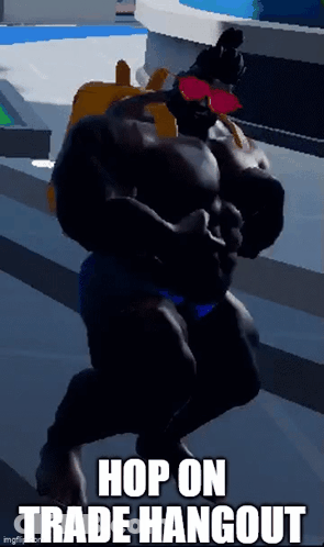 A Video Game Character Is Dancing With The Words Hop On Trade Hangout Below Him GIF