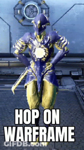 A Video Game Character Is Dancing With The Words Hop On Warframe Above Him GIF