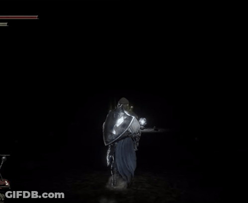 A Video Game Character Is Fighting A Giant Skeleton Named High Lord Wolmir GIF