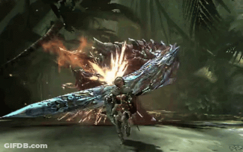 A Video Game Character Is Fighting A Monster With A Huge Sword GIF