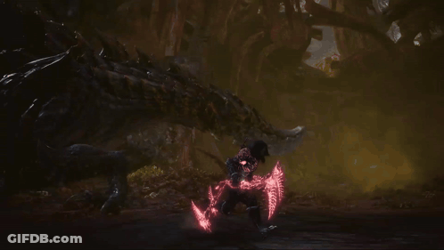 A Video Game Character Is Fighting A Monster With Glowing Red Lights GIF