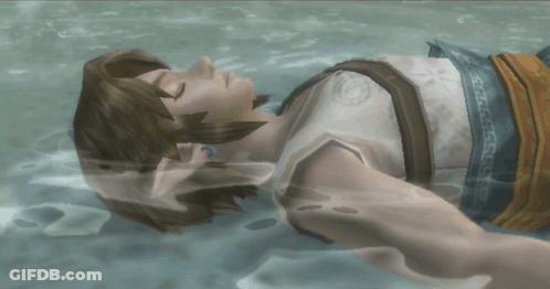 A Video Game Character Is Floating In The Water With His Eyes Closed GIF