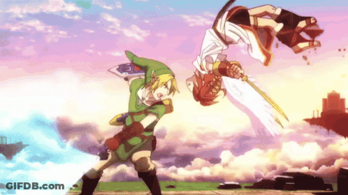 A Video Game Character Is Flying Through The Air While Another Character Holds A Sword GIF
