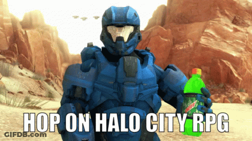 A Video Game Character Is Holding A Bottle Of Mtn Dew And Says Hop On Halo City Rpg GIF