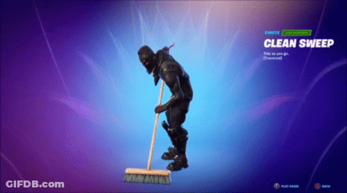 A Video Game Character Is Holding A Broom And The Name Clean Sweep Is On The Screen GIF