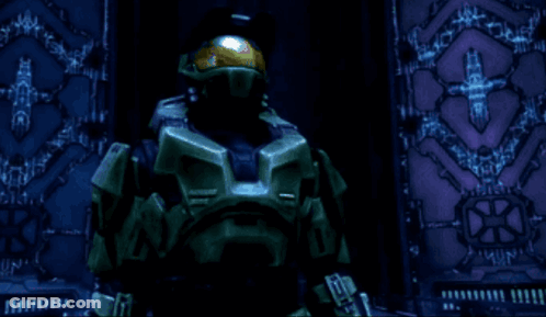 A Video Game Character Is Holding A Gun And Has A Cross On His Helmet GIF