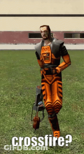 A Video Game Character Is Holding A Gun And Has The Word Crossfire Written Below Him GIF