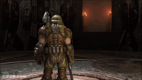 A Video Game Character Is Holding A Gun In A Room With A Sign That Says Mkliveandfire GIF