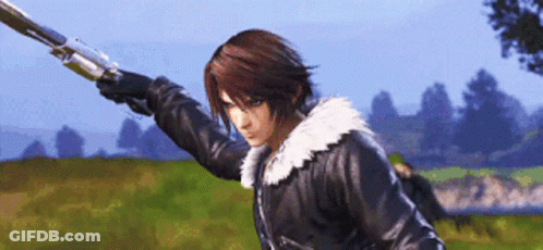 A Video Game Character Is Holding A Gun In His Hand GIF