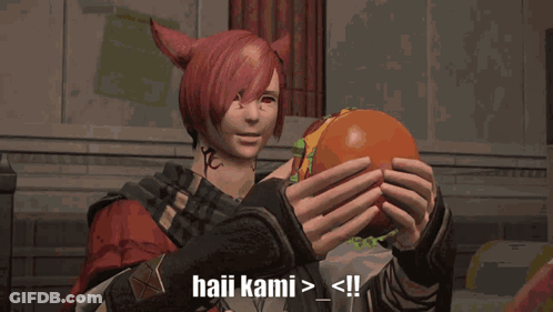 A Video Game Character Is Holding A Hamburger And Says Haii Kami > < !! GIF
