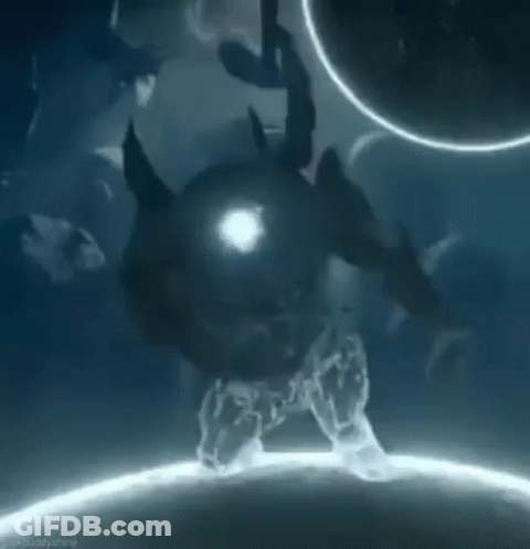 A Video Game Character Is Holding A Hammer In His Hand While Standing On A Planet . GIF