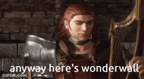 A Video Game Character Is Holding A Harp And Saying Anyway Here 'S Wonderwall . GIF