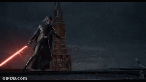 A Video Game Character Is Holding A Lightsaber In His Hand GIF