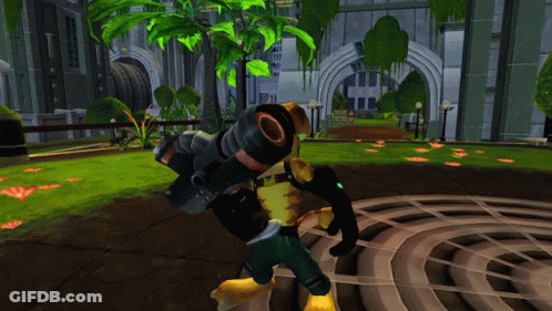 A Video Game Character Is Holding A Plant In Front Of A Large Building GIF
