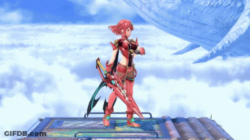 A Video Game Character Is Holding A Red Sword GIF